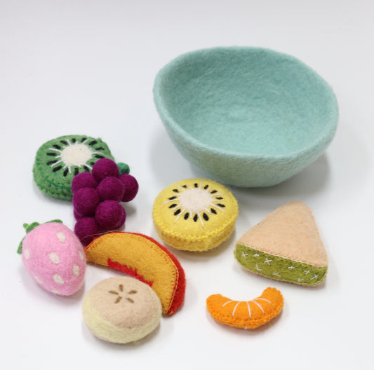 Felt tutti frutti Salad + felt bowl- 9 pce set ( choose your bowl colour)