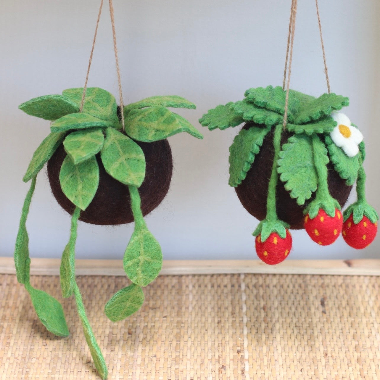 Strawberry felt Kokedama - hanging plant