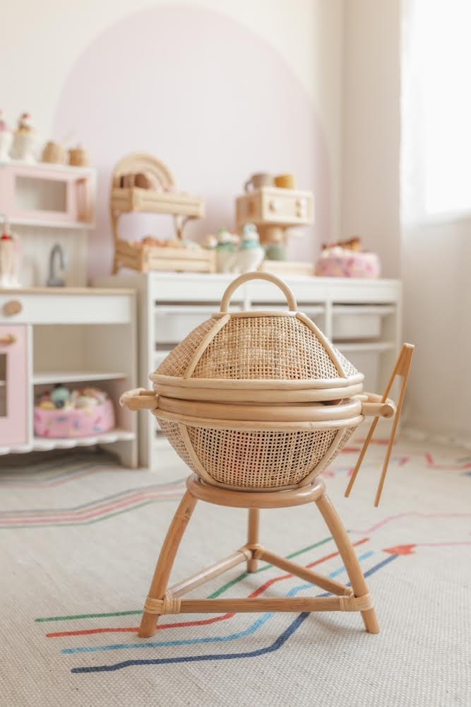 Rattan kids BBQ + tongs + hot coals + (Australia only)